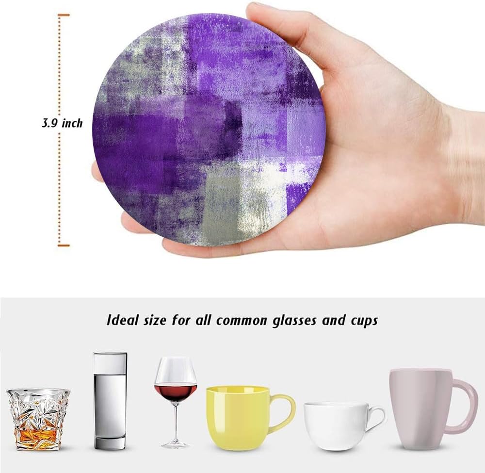 LOKMU Coasters for Drinks,Round Absorbent Ceramic Stone Coaster Sets of 6 with Metal Holder Stand,Purple and Grey Abstract Art Coasters with Cork Base for Coffee Wooden Table,Housewarming Gifts