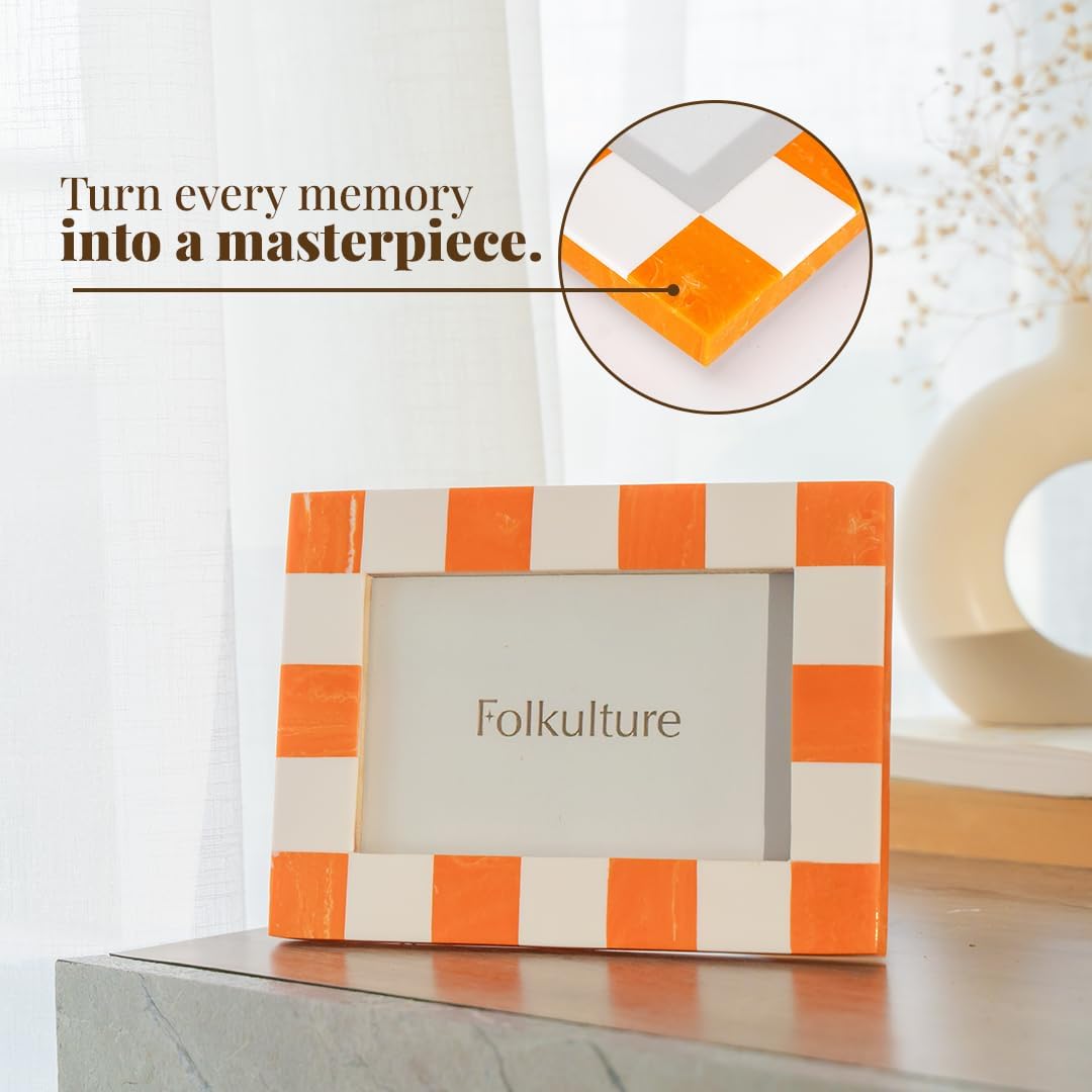 Folkulture Picture Frame | Stylish Marble Resin Unique 4x6 Photo Frame | Modern Wall Decor - Aesthetic Birthday Gift | Fall Orange & White Creative Photo Frame | Boho Living Room Home Decor
