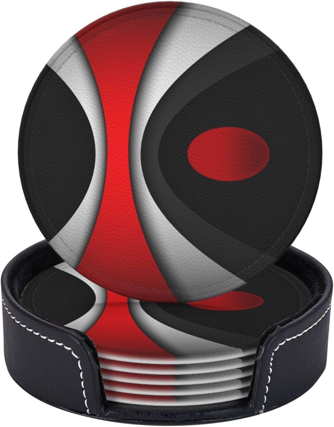 Black in Modern Abstract Red Leather Drinks Coasters with Holder, Set of 6, Suitable for Various Cups