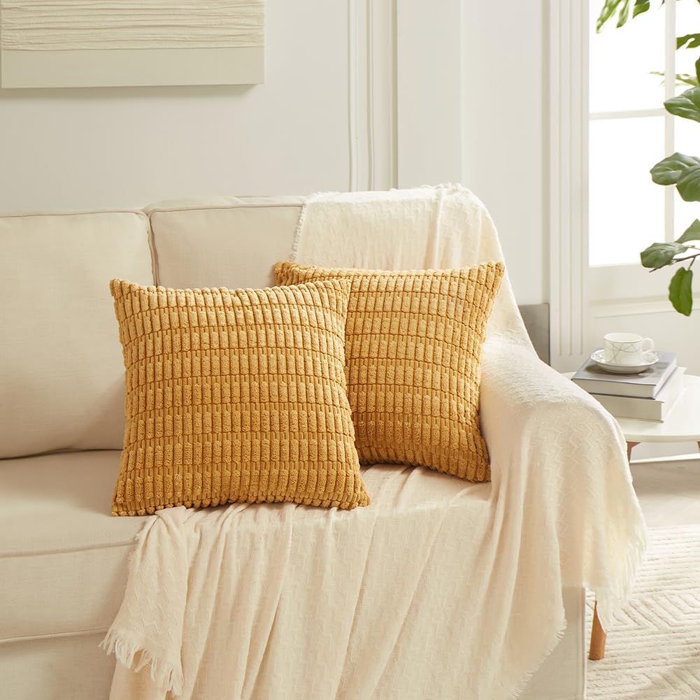 Fancy Homi 4 Packs Mustard Yellow Decorative Throw Pillow Covers 16x16 Inch for Living Room Couch Bed Sofa, Rustic Farmhouse Boho Home Decor, Soft Plush Striped Corduroy Square Cushion Case 40x40 cm