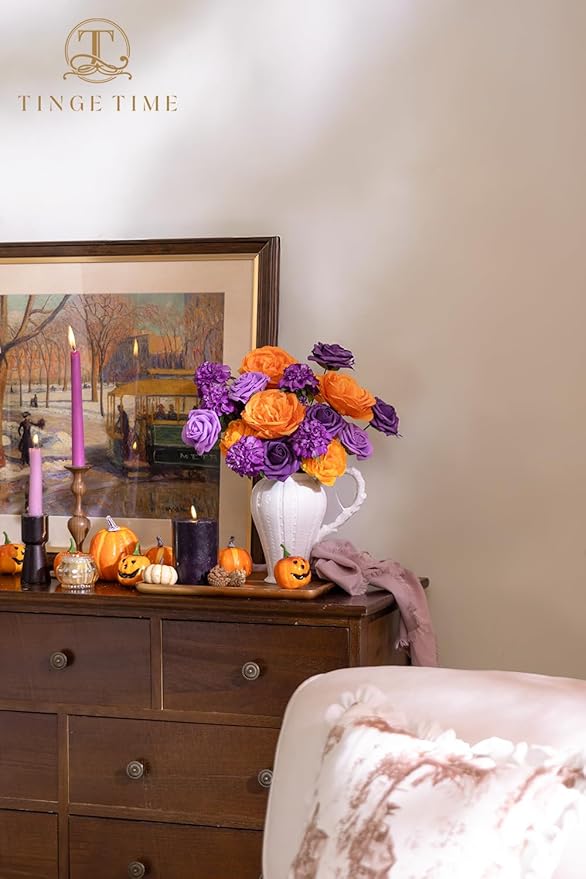 TINGE TIME Rose Artificial Flowers Combo, Gradient Color Faux Foam Roses with Stems for DIY Wedding Bridal Shower Party Table Centerpieces Fake Floral Arrangement Home Decor(Burnt Orange and Purple)