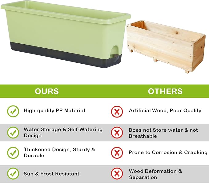 Window Box Planter 4 Packs, 17 Inches Rectangle Flower Pots with Drainage Holes & Trays, Pots for Vegetables, Herbs, Flowers, Garden Windowsill Balcony (Light Green, 17 * 5.1 * 6 inch)