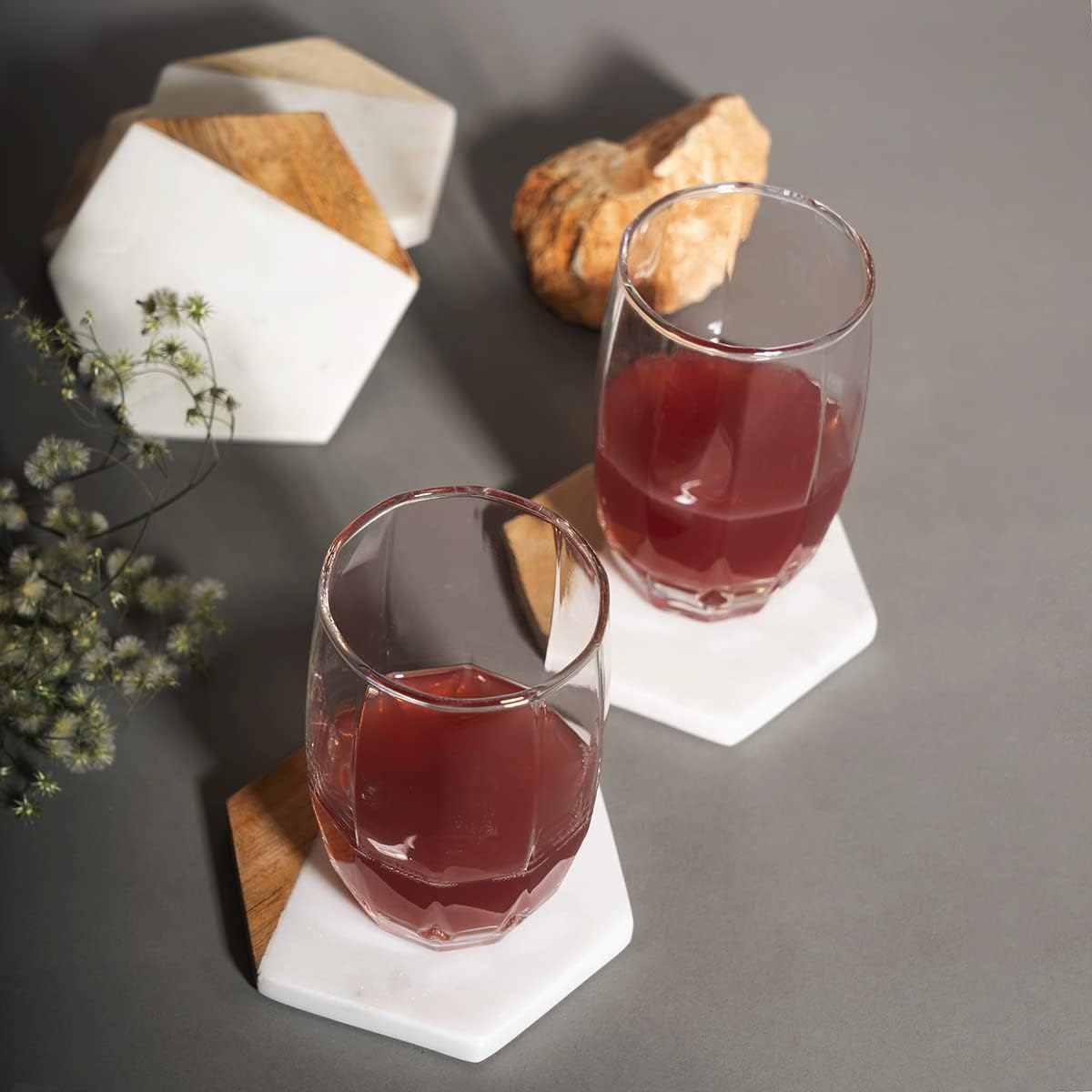 GoCraft Marble & Wood Coasters | Handcrafted Geometric White Marble Coasters with Mango Wood for Drinks, Beverages & Wine/Bar Glasses (Set of 6)