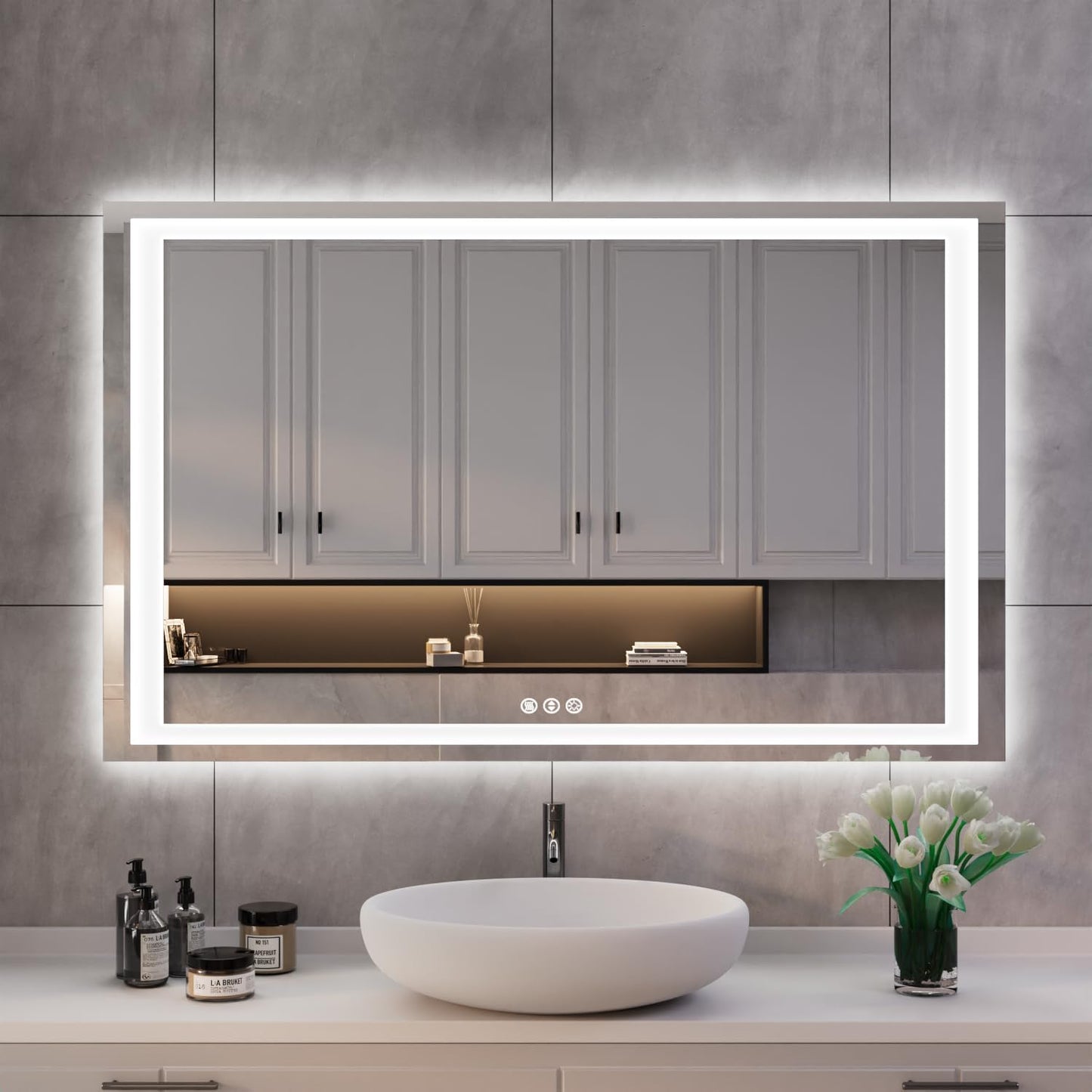 ISKM 48'' x 28' LED Mirror for Bathroom Lighted Vanity Mirror for Wall Front Lights + Backlit LED Bathroom Mirror Anti-Fog Tempered Glass ETL Listed