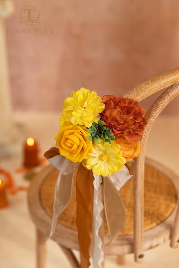 TINGE TIME Artificial Flowers Combo Set, Gradient Color Flower Leaf with Stems for DIY Wedding Bouquets Centerpieces Baby Shower Party Home Decorations(Yellow & Tangerine Orange)