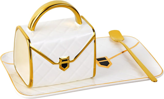 Handbag Shaped Mug, Handbag Coffee Mug And Saucer, Purse Coffee Ceramic Mug Set 10 Oz/ 310 ml Cute Creative Design Travel Tea Cup for Women Thanksgiving Christmas Gifts, White