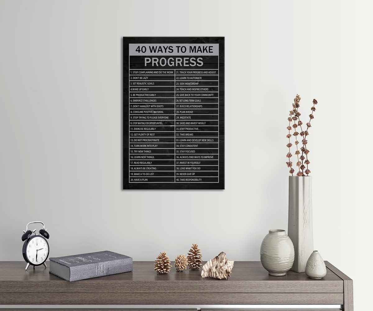 Inspirational Canvas Wall Art 40 Ways to Make Progress Motivational Posters Prints Modern Home Decor Painting Artwork for Living Room Bedroom Pictures Framed Ready to Hang[12" W X 18" H]