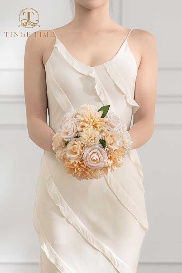 TINGE TIME Champagne Artificial Flowers, Fake Flower Leaf with Stems for DIY Champagne Wedding Bouquets Table Centerpieces Baby Shower Home Party Floral Arrangements Decorations