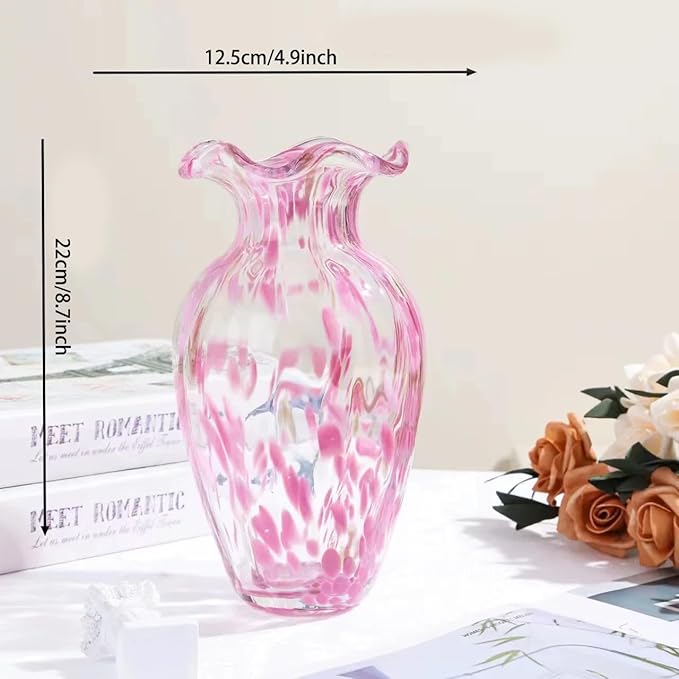 Hand Blown Pink Glass vase-8.7 inch Tall, Modern Art Wide Mouth Glass vase for Living Room, Wedding, Dining Table, Office Center Table Display Flower