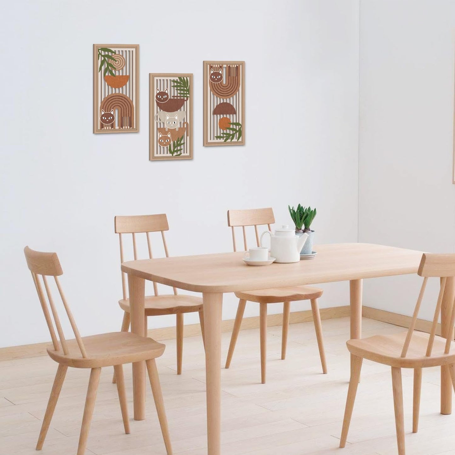 IARTTOP 3 Pcs Boho Cat Wood Wall Decor Mid Century Abstract Artwork Modern Minimalist Wooden Wall Art Bohemian Geometric Hanging Decor for Farmhouse Living Room Bedroom 7.9 x15.8 Inch Cat Gifts