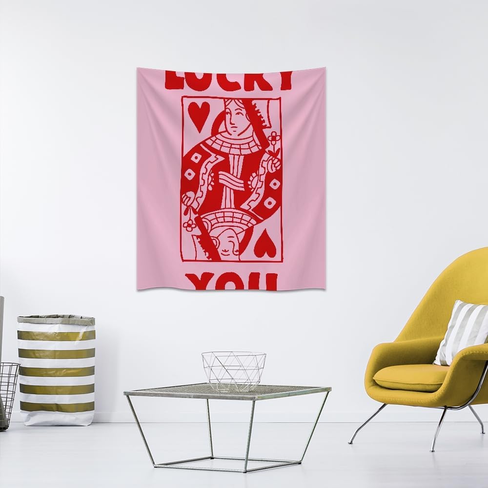 Medpol Retro Lucky You Playing Card Tapestry, Pink Queen of Hearts Wall Hanging, Funky Poker Aesthetic Decor for College Dorm Bedroom Living Room 50x60inch