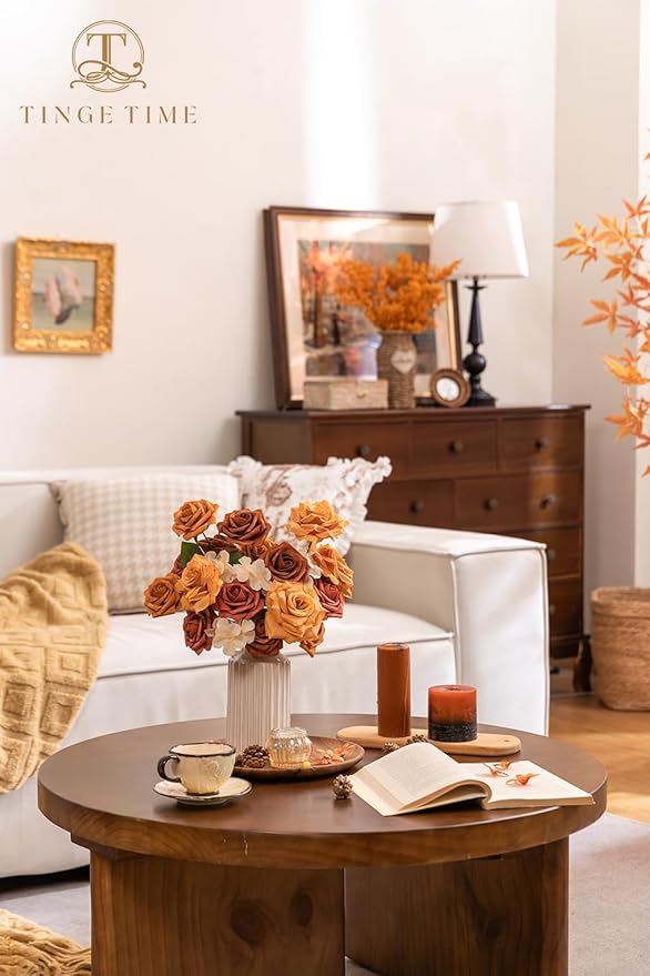 TINGE TIME Artificial Flowers Combo Set, Gradient Color Flower Leaf with Stems for DIY Wedding Bouquets Centerpieces Baby Shower Party Home Decorations(Orange and White)