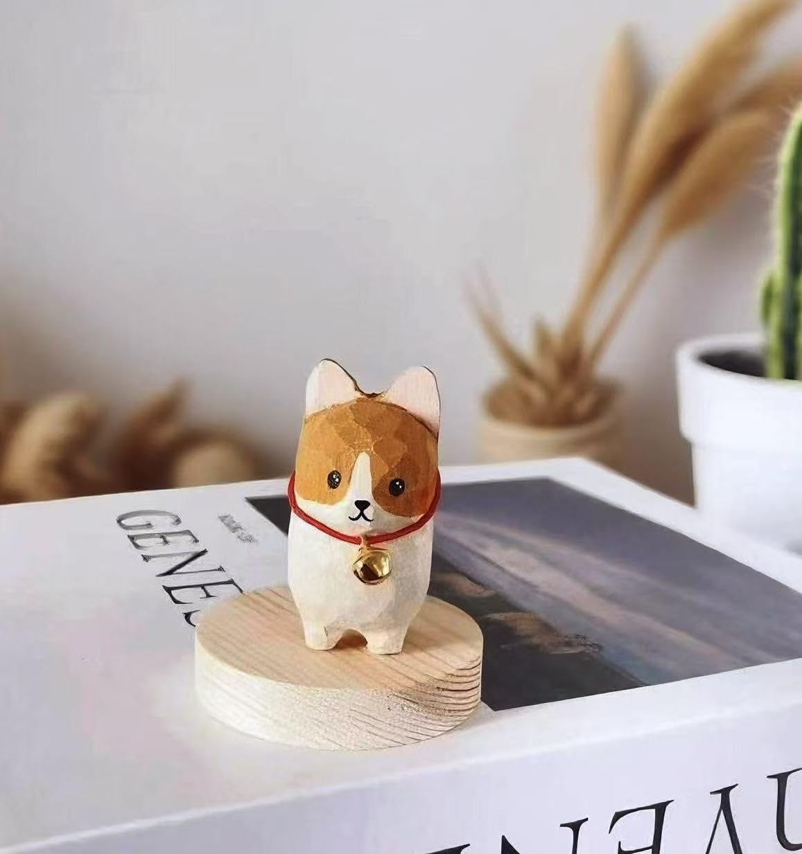 Handmade Wooden Corgi Figurine – Small 1.4" Carved Dog Statue with Round Base, Cute Desk or Shelf Decor, Unique Collectible Pet Memorial and Thoughtful Gift for Dog Lovers