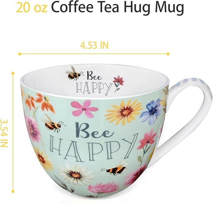 20 oz Bees & Flowers Coffee Hug Mug,“Be Happy” Designed to Spread Joy, Premium Bone China, Perfect Holiday and Birthday Gift for Women, Designed in England by Harvest Green Studio