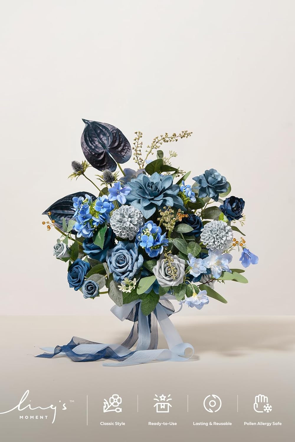 Ling's moment Dusty Blue Wedding Bouquets for Bride, Navy Blue Bridal Bouquets for Bride, 13 Inch Free Form Artificial Wedding Flower Bouquet