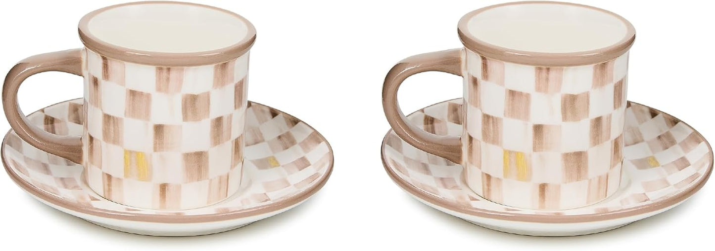 MACKENZIE-CHILDS Set of 2 Stoneware Espresso Cup and Saucer, Cute Coffee Cups, Brown-and-White Mocha Check