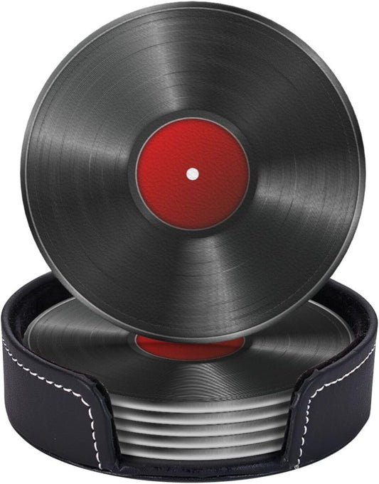 Drink Coasters with Holder Stand Set of 6, Phonograph Record Vinyl Pu Leather Absorbent Coasters with Cork Base Round Table Coaster for Housewarming Apartment Kitchen Bar Decor