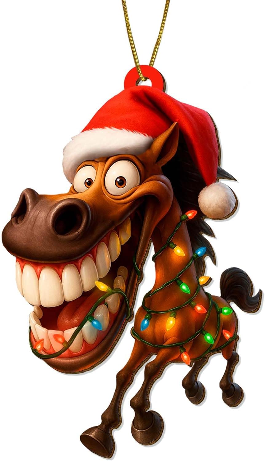 Farmhouse 2 Side Printed Wooden Ornament, Farm Animal Tree Decoration, Crazy Horse Ornament, Holiday Hanging Keepsake Gift for Christmas