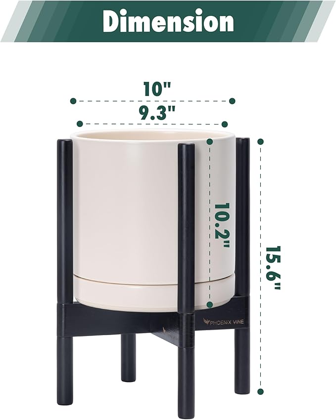 D'vine Dev Ceramic Planter with Ebony Stand - 10 Inch Modern Round Flower Pot with Wood Planter Holder, Oatmeal, 55-B-L-8