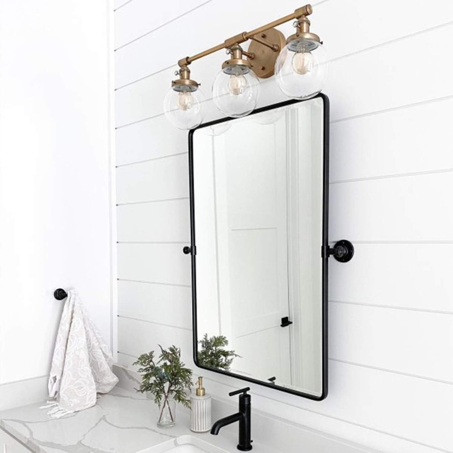 Farmhouse Black Metal Framed Pivot Rectangle Bathroom Mirror Rounded Rectangluar Tilting Beveled Vanity Mirrors for Wall, Overall 22.91 x 24 inches (Mirrror 19 x 24 inches)