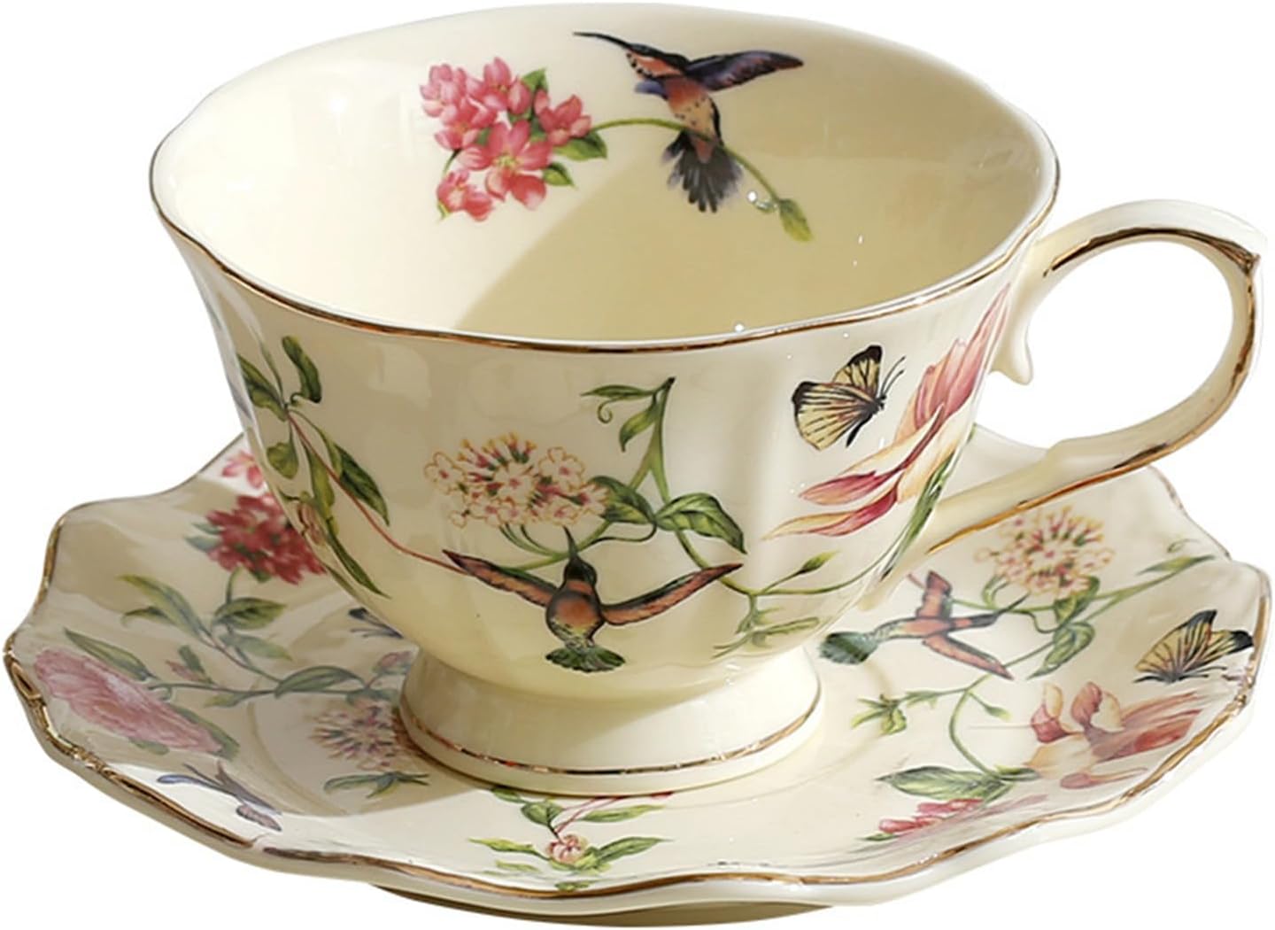 fanquare Vintage Spring Style Tea Cup and Saucer Set, 8 oz Porcelain Coffee Cup with Gold Trim, Flower and Bird Teacups for Women and Tea Parties