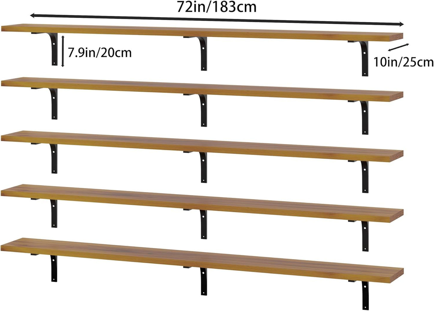 Long Floating Shelf for Wall 72 inch,Long Shelves Set of 5,Large Wall Mounted Bookshelf with Heavy Duty Brackets (Orange Brown, 72 Inch)