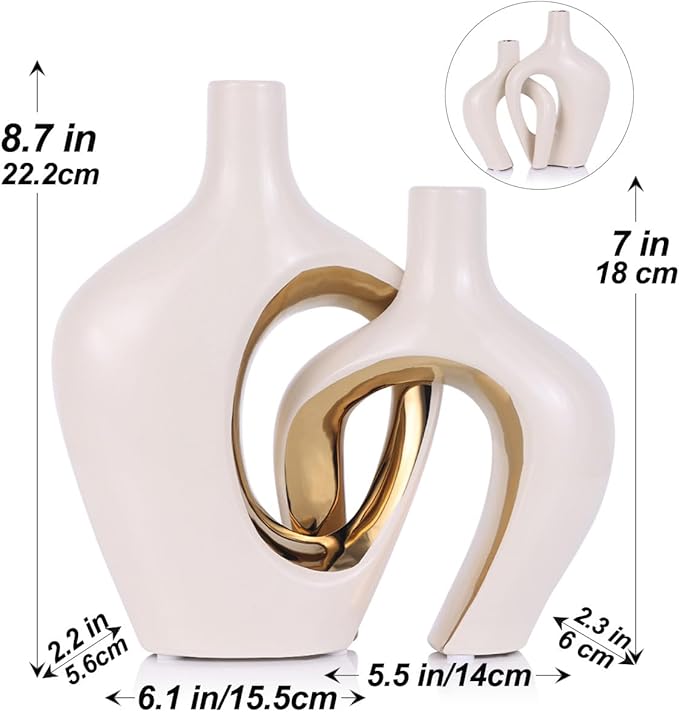 White and Gold Ceramic Vase Set of 2 - Nordic Boho Minimalist Design for Home Decor, Modern Donut & Hollow Style for Living Dining Room, Bedroom, Office - Decorative Pampas Grass &Flower Centerpiece