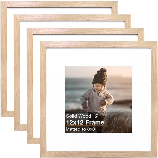 KINLINK 12x12 Picture Frame, Natural Square Solid Wood Frames for Pictures 8x8 with Mat or 12x12 without Mat, Wall Display Photo Frames Natural Wood 4 Pack