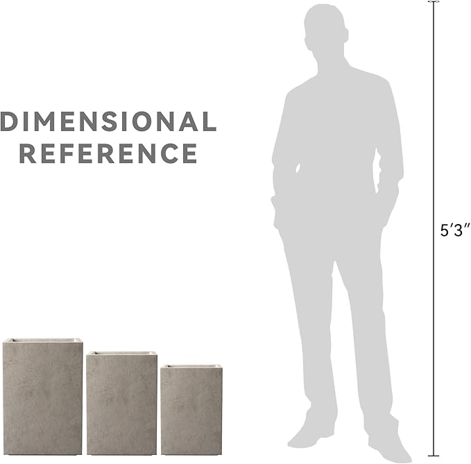 Kante 18.5",15.7",12.6" H Tall Rectangular Concrete Planters Set of 3, Outdoor Indoor Lightweight Plant Pots with Drainage Hole and Rubber Plug, Modern Style for Home Garden Patio, Weatheted Concrete