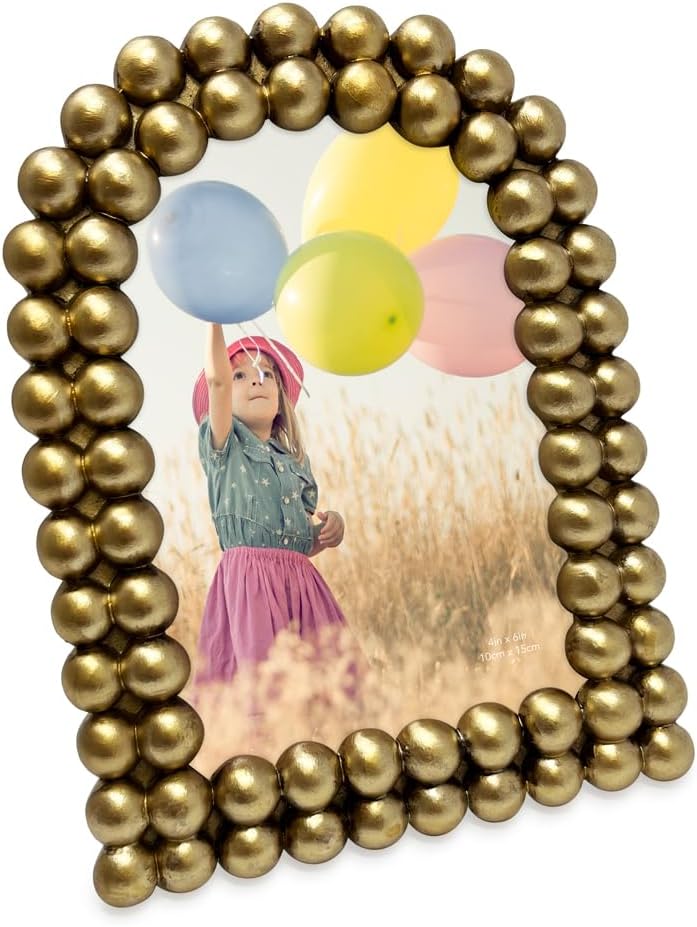 Isaac Jacobs 4x6 Antique Gold Double Bauble Arch Photo Frame with Black Fabric Easel, Tabletop, Wall-Mountable, Shelf and Desk, Decorative Art Design, Home Décor (4x6, Antique Gold)