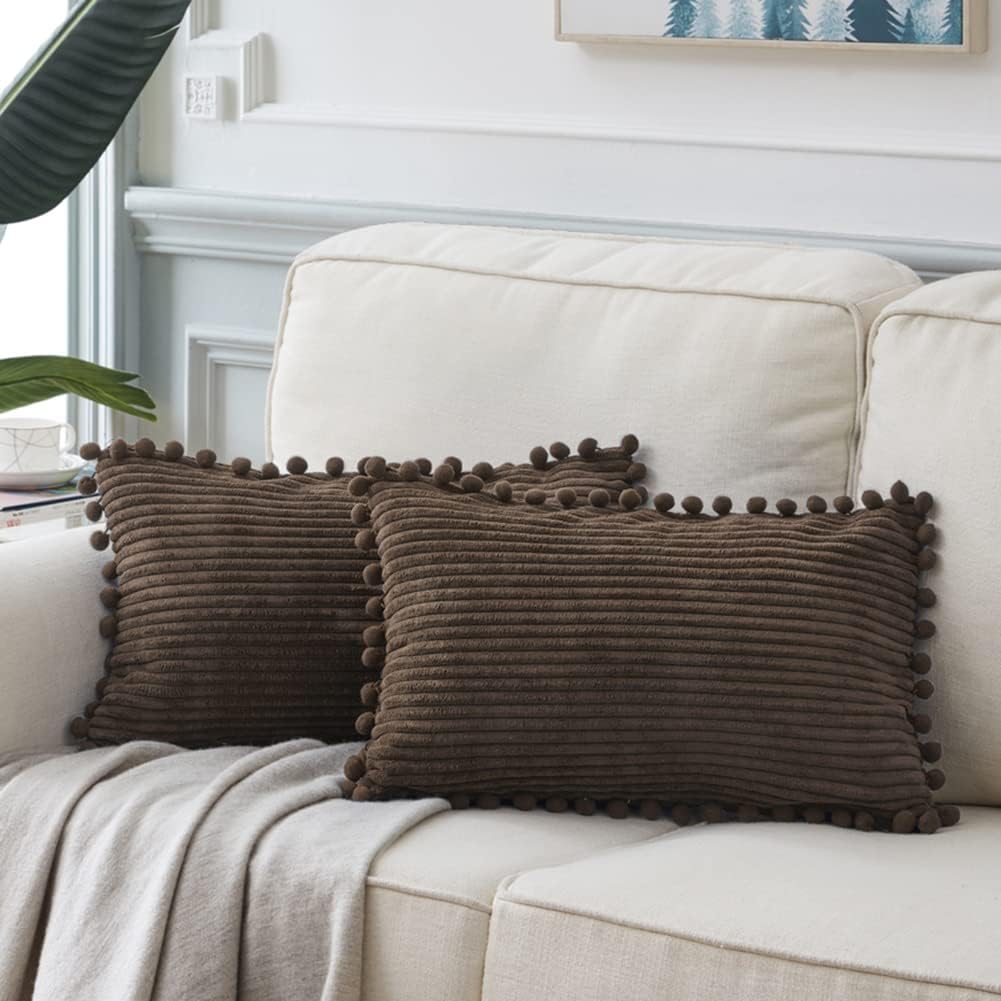 Fancy Homi 2 Pack Dark Brown Lumbar Decorative Throw Pillow Covers 12x20 Inch with Pom-poms for Couch Bedroom, Soft Corduroy Solid Rectangle Cushion Case 30x50 cm, Farmhouse Boho Home Decor