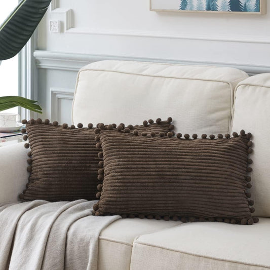 Fancy Homi 2 Pack Dark Brown Lumbar Decorative Throw Pillow Covers 12x20 Inch with Pom-poms for Couch Bedroom, Soft Corduroy Solid Rectangle Cushion Case 30x50 cm, Farmhouse Boho Home Decor