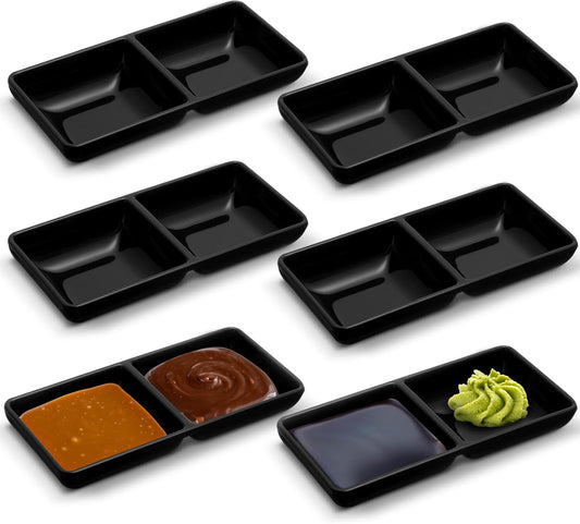 Gejoy 6 Pcs Dual Dipping Sauce Bowls Soy Sauce Dish Bowls Two Compartments Party Trays Divided Fondue Plates for Restaurant Kitchen Sushi Soy (Black)