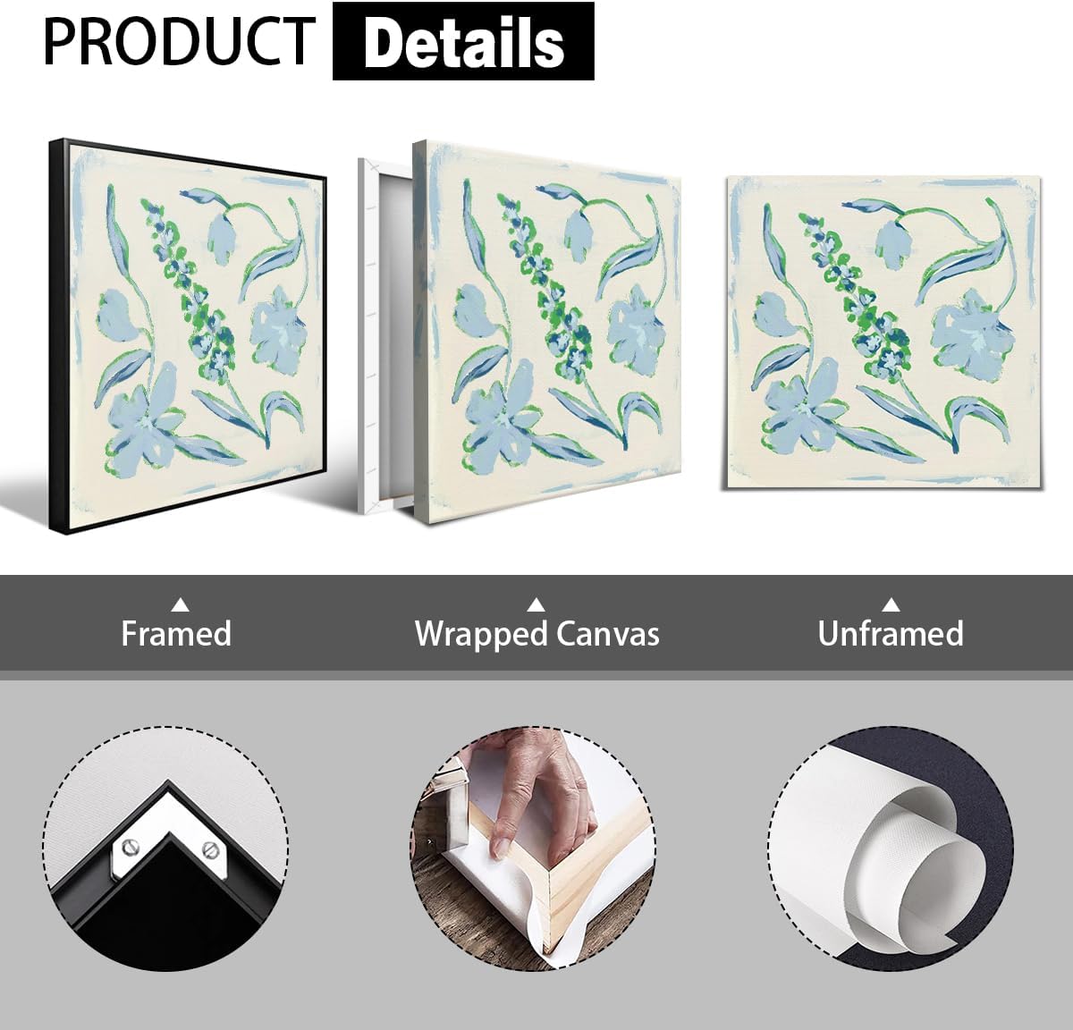 Flower Canvas Wall Art, Blue and Green Floral Aesthetic Poster, Chinoiserie Watercolor Botanical Print, Coastal Grandma Modern Southern Grandmillennial Plant Painting for Wall 12x12in Wrapped Canvas