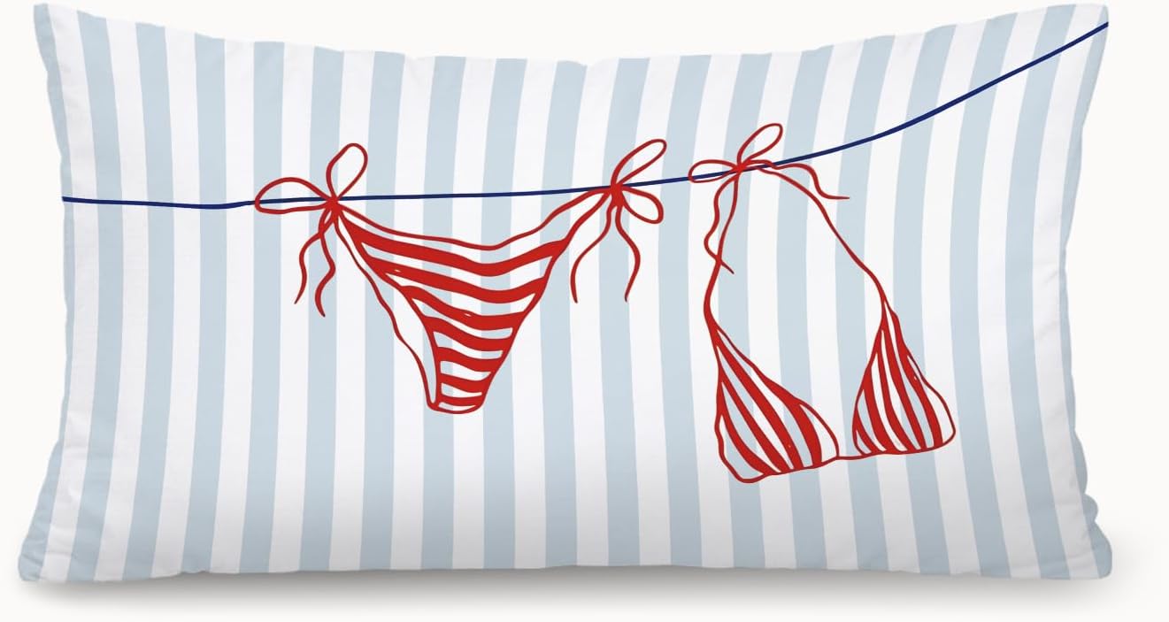 Blue Coastal Dorm Preppy Beach Girly Room Decor 12x20 Bikini Pillow Cover, Coastal Striped Decorative Lumbar Pillow Covers for Girls Bedroom College Dorm Sofa Couch