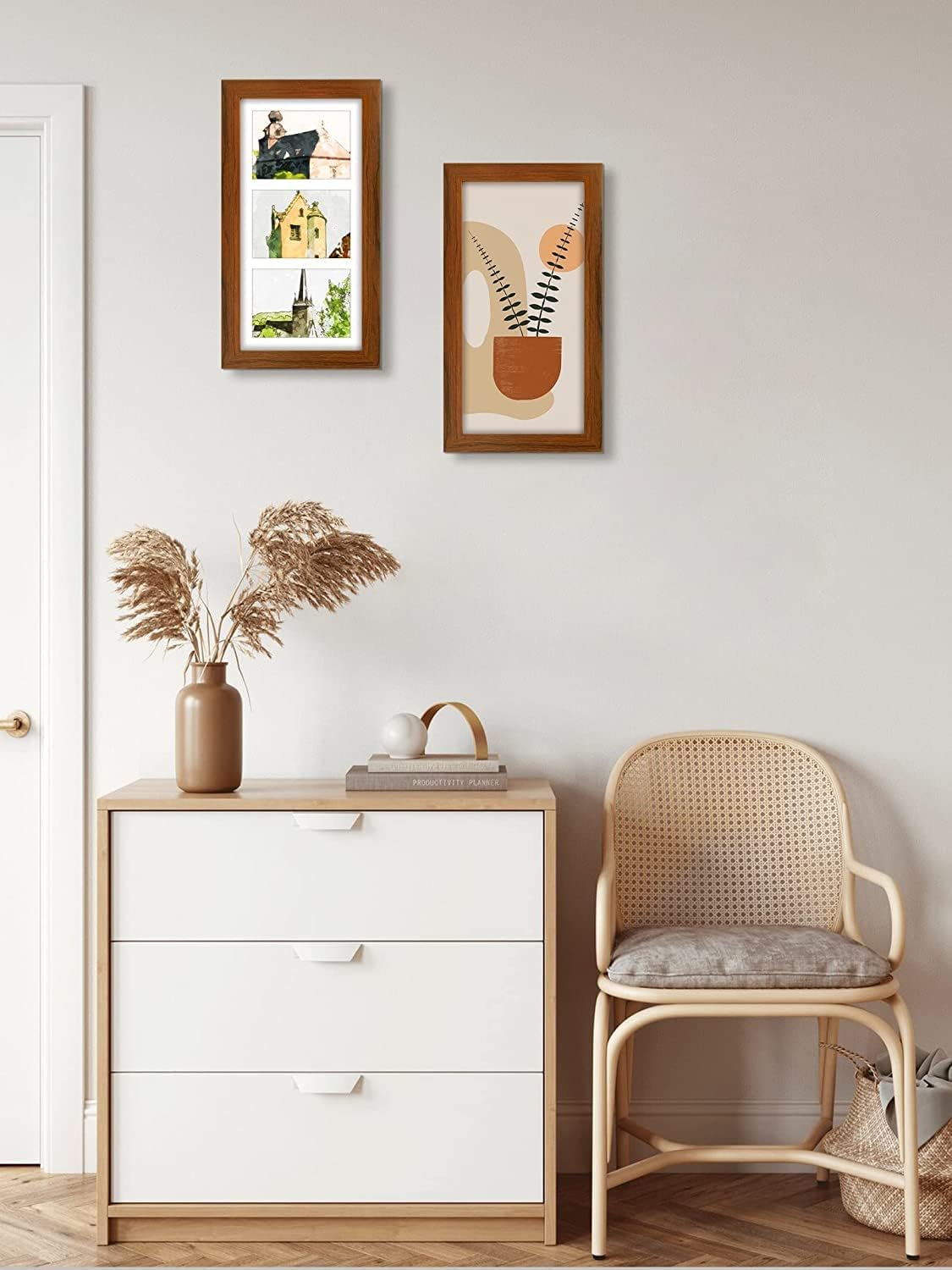 Golden State Art, Set of 2, 7x14 Brown Photo Solid Wood Collage Frame with Mat Displays (3) 4 x6 Pictures