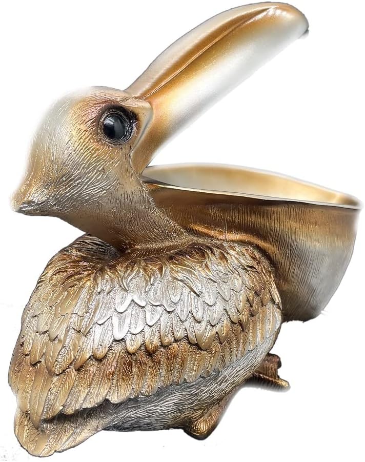 Creative Resin Statues The Pelican Statue Birds Figurines,Cell Phone and Keys Holder Adornments for Home & Office Desk Decor 8.1" inches (Silver)