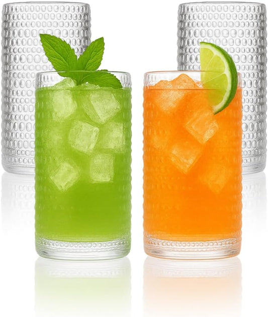 LEMONSODA Hobnail Highball Glasses Set of 4 – Vintage Clear Drinking Glass Cups 15oz – Textured Tall Retro Glassware Tumblers for Water, Iced Coffee, Cocktails, Soda, Juice (Highball 15oz, Set of 4)