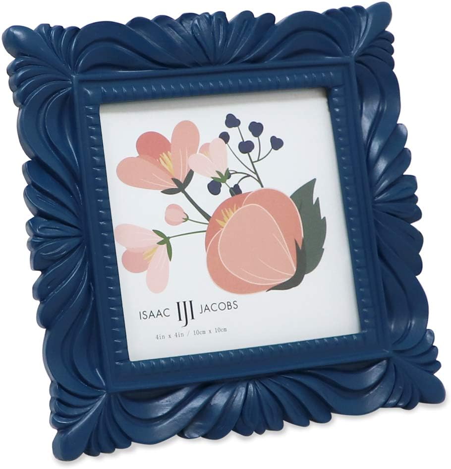 Isaac Jacobs 4x4 Navy Wave Textured Hand-Crafted Resin Picture Frame with Easel & Hook for Tabletop & Wall Display, Decorative Swirl Design Home Décor, Photo Gallery, Art, More (4x4, Navy)