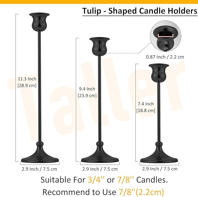 Taper Candle Holder Tall Vintage Metal Candlestick Holders Candle Stick Candelabra for Halloween Thanksgiving Christmas Holiday Wedding (Matt Black, 1 Set (3 pcs))