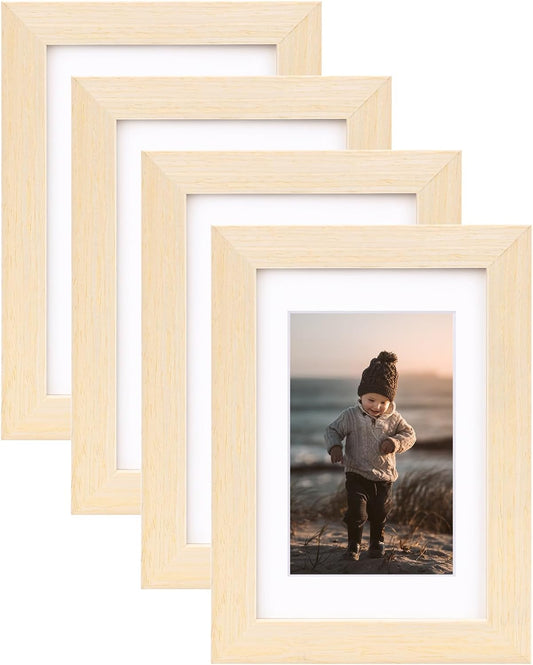 KINLINK 4x6 Frame White Oak, Solid Wood 4 x 6 Picture Frame with Acrylic Plexiglass for 3.5x5 with Mat, Tabletop and Wall Display Photo Frames 4x6 White Oak, 4 Pack