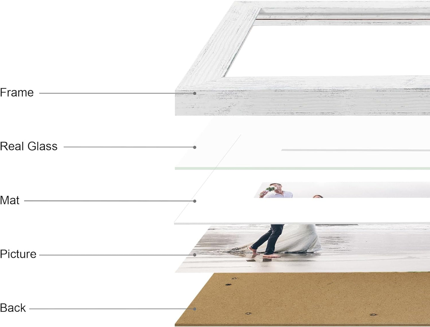 iRahmen 8x12 Picture Frame Set of 4 with High Definition Glass, Distressed White Frame Display 6x8 Picture with Mat or 8 x 12 Without Mat, Wood Rustic Photo Frames for Tabletop and Wall Mounting