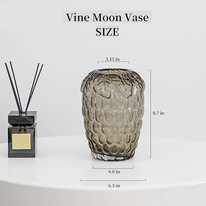Grape Bubble Glass Vase for Flowers, Large Vintage and Clear Black Colored Smoke Glass Vases for Modern Home Decor (Crystal Grey 6.5" W X8.7 H)