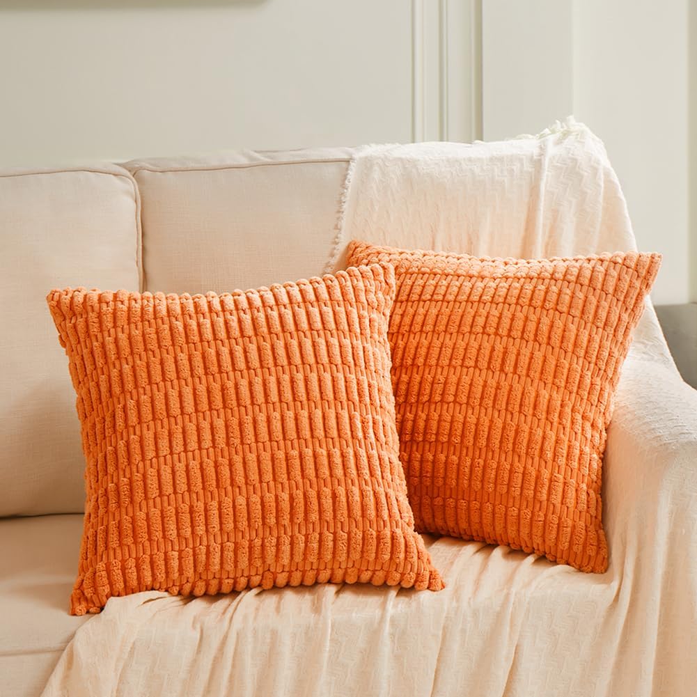 Fancy Homi 4 Packs Orange Fall Decorative Throw Pillow Covers 14x14 Inch for Couch Bed Sofa, Halloween Pumpkin Autumn Home Decor, Soft Cute Plush Corduroy Striped Cushion Case 35x35 CM