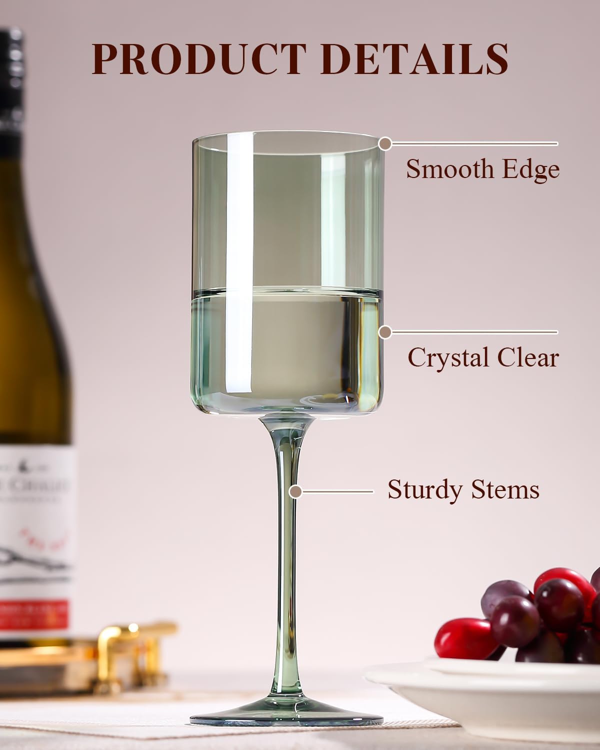 Green Square Wine Glasses Set of 6 - Hand Blown, Colorful With Tall Long Stems, Modern Set for All Occasions - 14oz