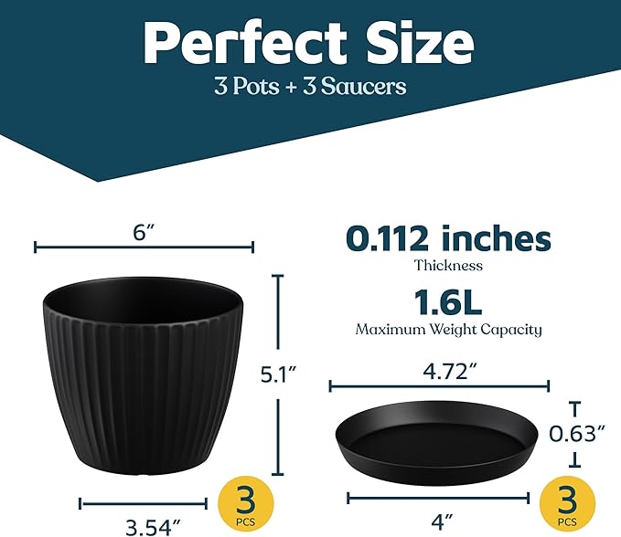 Black 6-Inch Plant Pots with Drainage & Saucers 3 Pack, Indoor & Outdoor Planters for Houseplants, Herbs, and Flowers, Durable & Weatherproof Material, Stackable, Lightweight, Minimalist Design