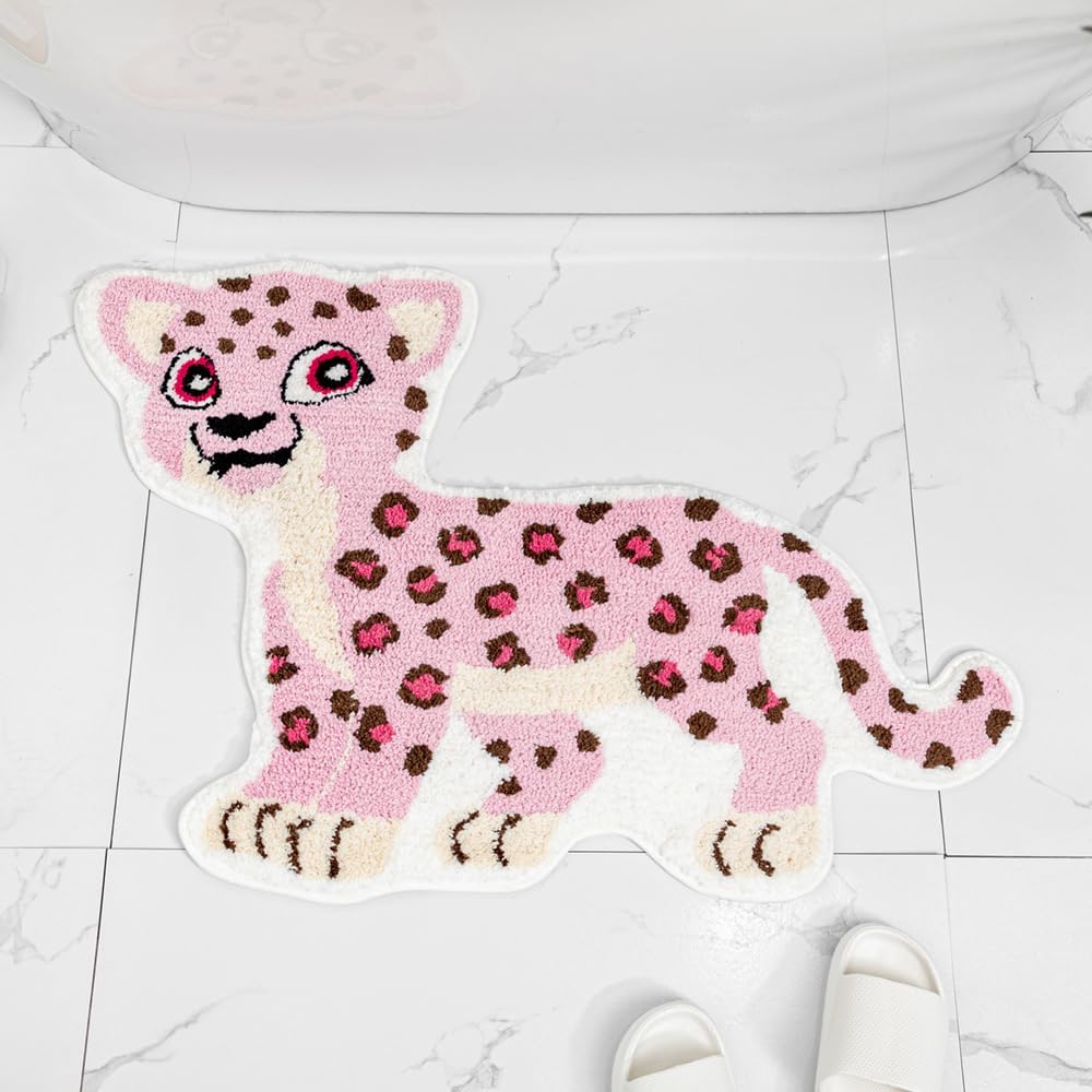 Fun Pink Leopard Bath Mat for Bathroom, Cute Leopard Cartoon Bath Rugs Non Slip Animal Shaped Absorbent Preppy Bathtub Rug Bathroom Decor Aesthetic Plush Shower Rugs Machine Washable 23.6x39.3in