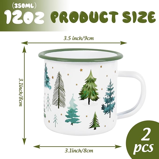 Whaline 2Pcs Christmas Mini Coffee Mugs 12oz Enamel Cup with Handle Watercolor Xmas Tree Forest Drinking Mug for Winter Holiday Birthday Party Favor Supplies