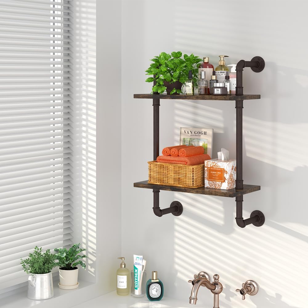 Helsin 2 Tier Industrial Pipe Floating Bathroom Shelves, 16inch Rustic Wood Wall Mounted Shelf, Storage Rack Sundries Holder for Kitchen Office Bathroom Organization & Home Décor