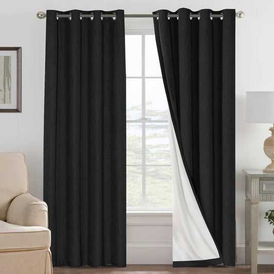 H.VERSAILTEX 100% Blackout Curtains for Bedroom Thermal Insulated Linen Textured Curtains Heat and Full Light Blocking Drapes Living Room Curtains 2 Panel Sets, 52x96 - Inch, Black